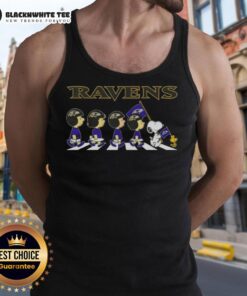 Nice Baltimore Ravens X Peanuts Snoopy and Friends Abbey Road tank top featuring iconic characters in team colors.