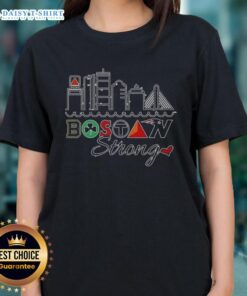 Boston city skyline featuring sports themes on a stylish ladies tee, perfect for fans and fashion enthusiasts.