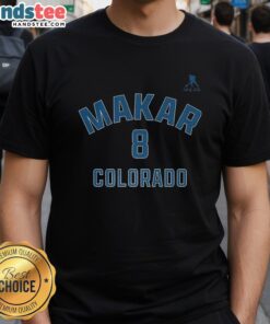 Alt Text: Cale Makar Colorado Avalanche Ice Hockey T-Shirt featuring name and number 8 design in team colors.