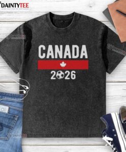 Classic Canadian Soccer Fan washed t-shirt featuring a bold design, perfect for cheering on Canada in 2026.