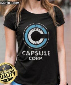 Nice Capsule Corp. distressed logo on Dragon Ball Z ladies tee, featuring a stylish design for anime fans.