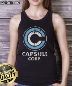 Distressed Capsule Corp. logo on a Dragon Ball Z tank top, perfect for fans of the anime series.