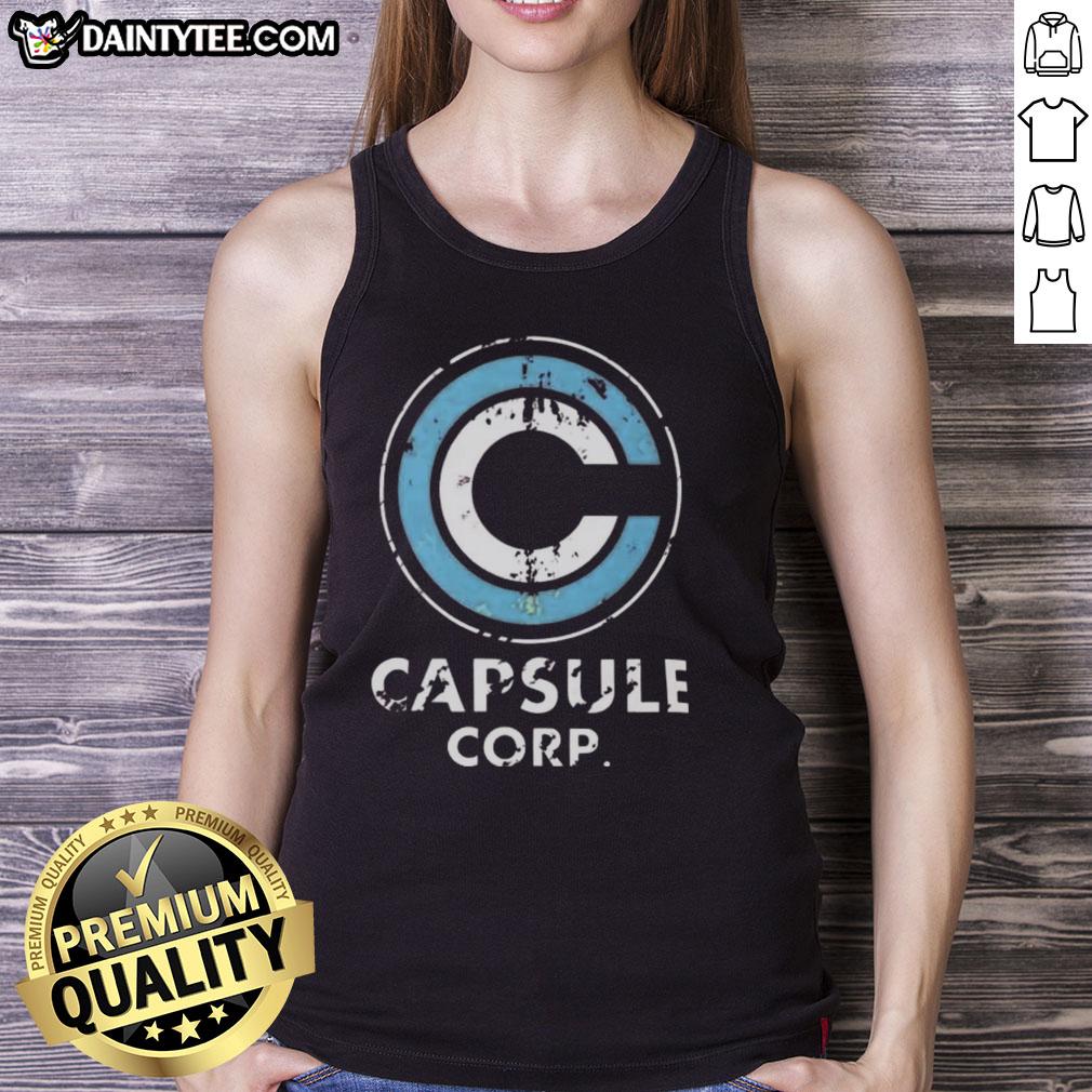 nice-capsule-corp-distressed-logo-dragon-ball-z-tank-top Distressed Capsule Corp. logo on a Dragon Ball Z tank top, perfect for fans of the anime series.