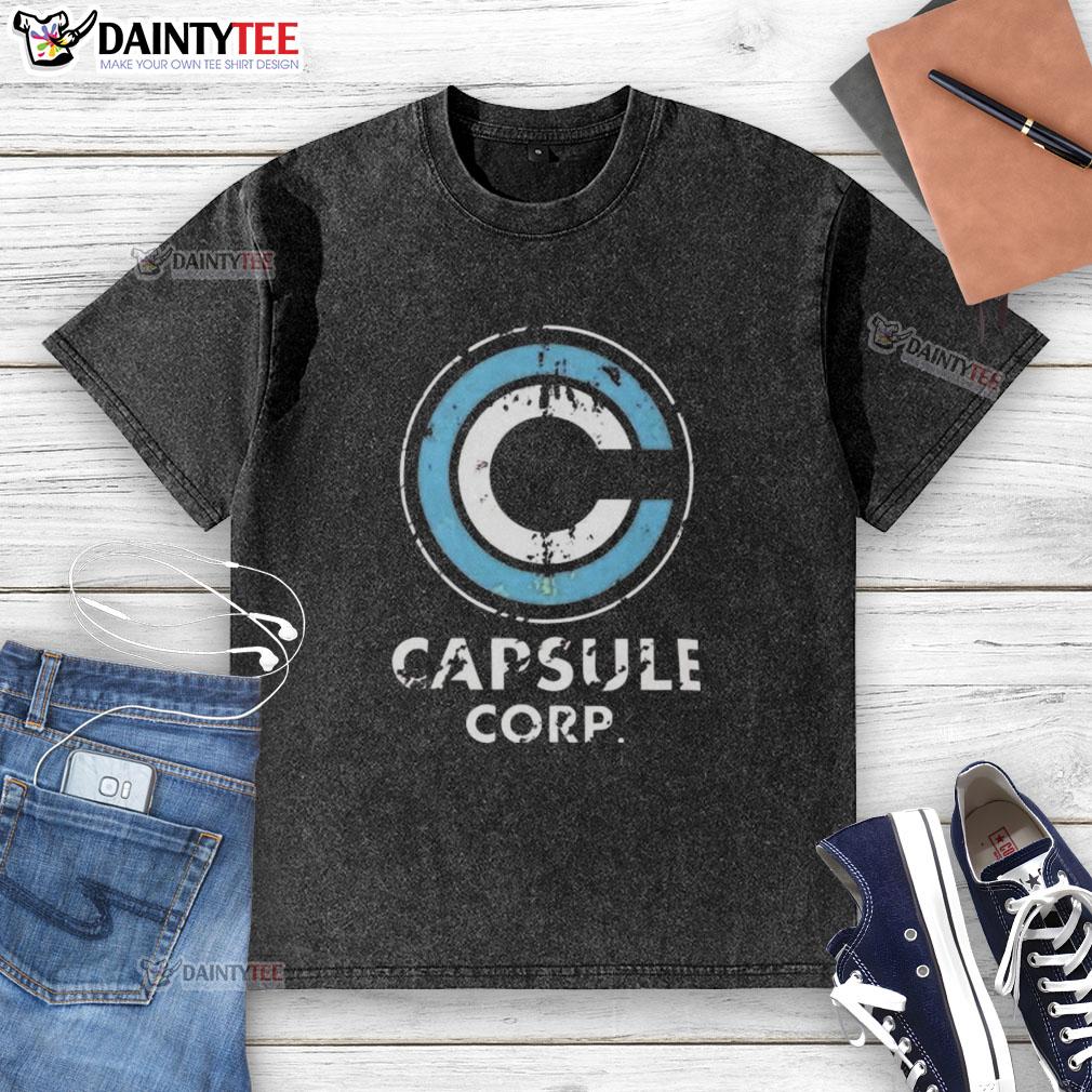 nice-capsule-corp-distressed-logo-dragon-ball-z-washed-t-shirt Alt Text: Distressed Capsule Corp logo on a washed t-shirt from Dragon Ball Z, perfect for fans of the anime series.