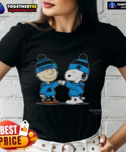 Women's Carolina Panthers Snoopy and Charlie Brown best friends tee, perfect for fans and casual wear.