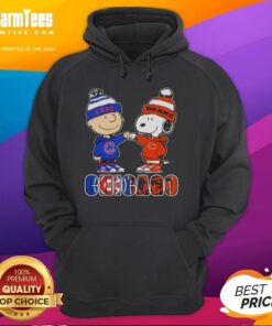 Charlie Brown and Snoopy fist bump in Chicago sports hoodie, featuring Cubs and Bears logos, showcasing city pride.