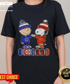 Charlie Brown and Snoopy fist bump in a Chicago city sports theme, featuring Cubs and Bears graphic on a ladies tee.