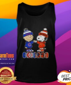 Charlie Brown and Snoopy fist bump in Chicago Cubs and Bears tank top, perfect for city sports fans.