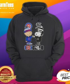 Charlie Brown and Snoopy fist bump in Chicago sports hoodie featuring Cubs and White Sox logos.