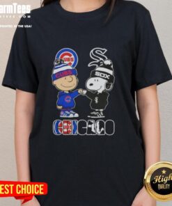 Charlie Brown and Snoopy fist bump in Chicago sports tee, celebrating Cubs and White Sox rivalry.