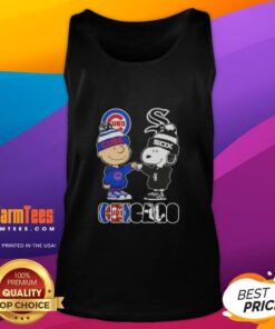 Charlie Brown and Snoopy fist bump in Chicago Cubs vs White Sox tank top, celebrating city sports spirit.