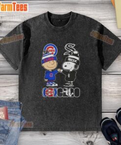 Alt Text: Charlie Brown and Snoopy fist bump in Chicago Cubs vs White Sox washed t-shirt, celebrating city sports.