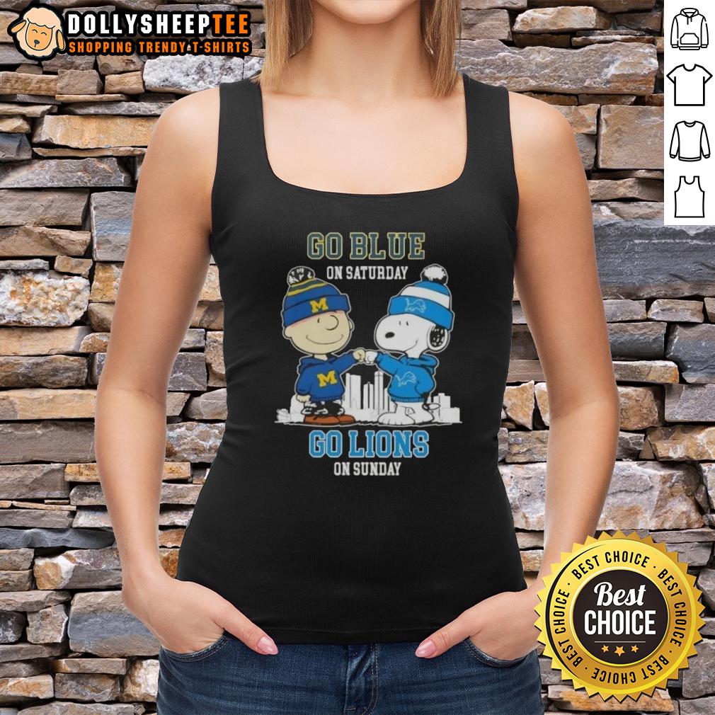 Nice Charlie Brown Fist Bump Snoopy Go Blue On Saturday Go Detroit Lions On Sunday Skyline Tank Top Alt Text: Charlie Brown fist bumping with Snoopy in a Detroit Lions Skyline tank top, cheering 'Go Blue!' for game day.