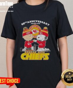 Nice Charlie Brown Touch Hand Snoopy x Kansas City Chiefs 66th Anniversary Skyline Ladies Tee celebrating 1960-2026.