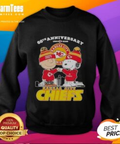 Alt Text: Nice Charlie Brown Touch Hand Snoopy X Kansas City Chiefs 66th Anniversary Skyline Sweatshirt in red and black.
