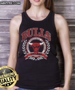 Retro Chicago Bulls NBA logo with laurel wreath frame on a stylish tank top, perfect for basketball fans.
