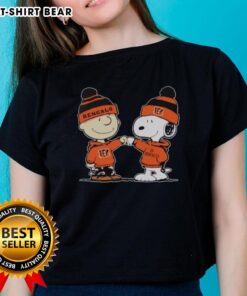 Nice Cincinnati Bengals Snoopy and Charlie Brown Best Friends Ladies Tee featuring playful cartoon design and team colors.