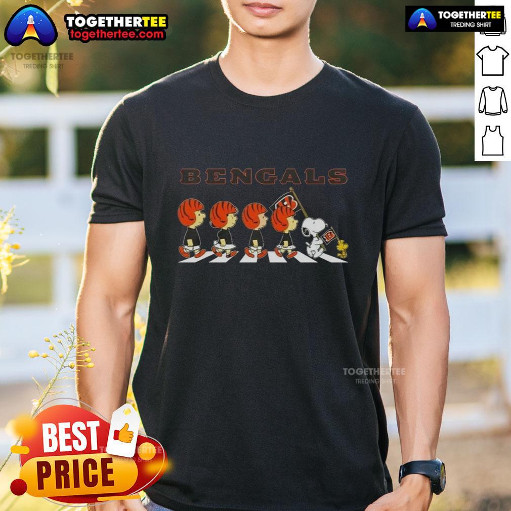 Nice Cincinnati Bengals X Peanuts Snoopy And Friends Abbey Road T Shirt Cincinnati Bengals X Peanuts Snoopy and Friends Abbey Road T-Shirt featuring iconic characters in team colors.