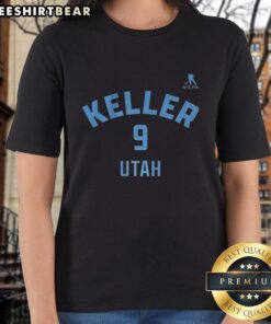 Alt Text: Clayton Keller Utah Mammoth ice hockey ladies tee with name and number 9, perfect for fans and casual wear.