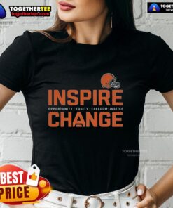 Women's Cleveland Browns tee promoting change, opportunity, equity, and justice in football and beyond.