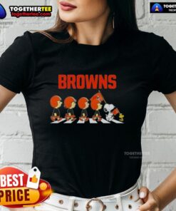 Cleveland Browns X Peanuts Snoopy and Friends Abbey Road ladies tee featuring playful designs and vibrant colors.