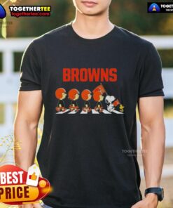 Nice Cleveland Browns X Peanuts Snoopy and Friends Abbey Road T-Shirt featuring iconic characters in a football theme.