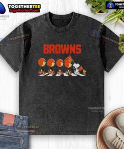Alt Text: Cleveland Browns X Peanuts Snoopy and Friends Abbey Road washed t-shirt featuring iconic characters in a playful design.