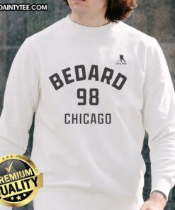 Alt Text: Connor Bedard Chicago Blackhawks sweatshirt featuring name and number 98, perfect for ice hockey fans.