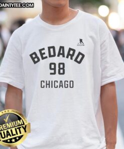 Alt Text: Connor Bedard Chicago Blackhawks ice hockey T-shirt featuring name and number 98 design, perfect for fans.