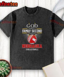 Alt Text: Nice Cross God First Family Second Nebraska Volleyball washed t-shirt in vibrant colors, perfect for fans.