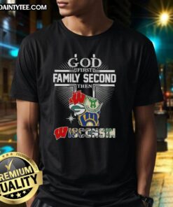 Nice Cross God First Family Second Then Wisconsin Sports T-Shirt design featuring a stylish graphic for fans.