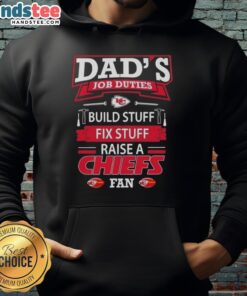 Alt Text: Dad wearing a hoodie showcasing Kansas City Chiefs fan pride while building and fixing stuff.