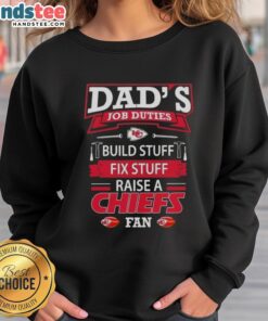 Alt Text: Dad in Kansas City Chiefs sweatshirt builds and fixes things, showcasing his job duties and team pride.
