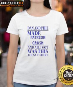 Nice Dan and Phil Made Patreon Crash Ladies Tee featuring a vibrant design and comfortable fit for fans.