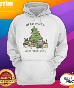 Cozy 'Dear Santa, Send More Cats' hoodie displayed by a Christmas tree, perfect for festive cat lovers this holiday season.