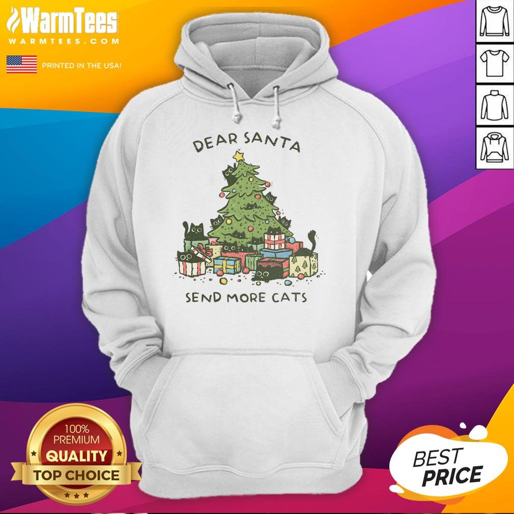 nice-dear-santa-send-more-cats-christmas-tree-hoodie Cozy 'Dear Santa, Send More Cats' hoodie displayed by a Christmas tree, perfect for festive cat lovers this holiday season.