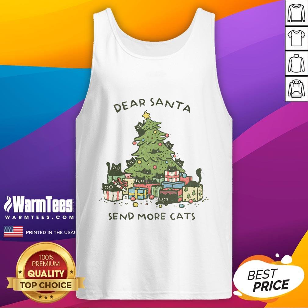nice-dear-santa-send-more-cats-christmas-tree-tank-top Funny 'Dear Santa, Send More Cats' Christmas tank top design with a festive tree and playful cat graphics.