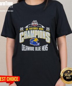 Delaware Blue Hens 2025 Ventures Bowl Champions Helmet Ladies Tee, showcasing team pride and vibrant blue design.