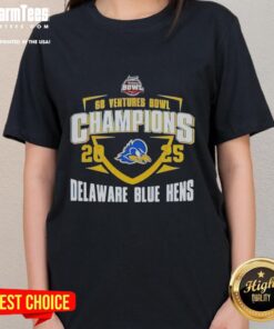 Delaware Blue Hens 2025 Ventures Bowl Champions mascot on a ladies tee, celebrating team spirit and victory.