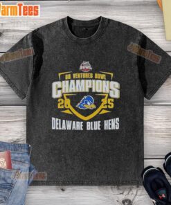 Alt Text: Nice Delaware Blue Hens 2025 Ventures Bowl Champions mascot washed t-shirt featuring vibrant team colors and logo.