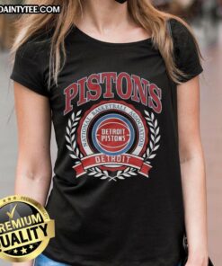 Retro Detroit Pistons NBA logo inside a laurel wreath frame on a ladies tee, perfect for basketball fans.
