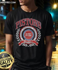Alt Text: Retro Detroit Pistons NBA logo with laurel wreath design on a stylish t-shirt, perfect for basketball fans.