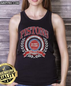 Alt Text: Retro tank top featuring the Nice Detroit Pistons NBA logo surrounded by a laurel wreath frame design.