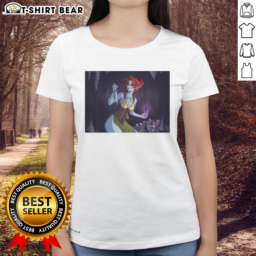 Nice Dunmer Dark Elf Ladies Tee Stylish Dunmer Dark Elf ladies tee featuring intricate designs inspired by fantasy culture, perfect for gamers and fans.