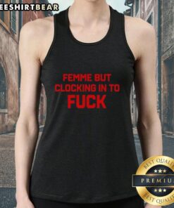 Stylish woman wearing a 'Fck' tank top, confidently clocking in for work, showcasing bold fashion and attitude.
