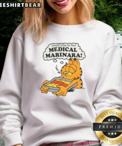Ivory sweatshirt featuring 'Gimme Some Of That Medical Marinara' design, perfect for casual wear and cannabis enthusiasts.