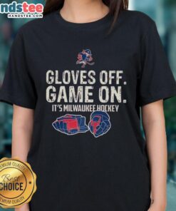 Milwaukee Hockey Ladies Tee featuring 'Nice Gloves Off Game On' design, perfect for passionate hockey fans.