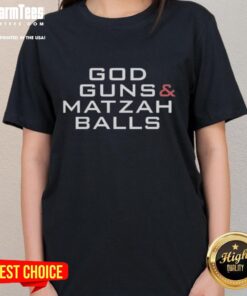 Nice God Guns and Matzah Balls Ladies Tee featuring a stylish design, perfect for expressing faith and humor.