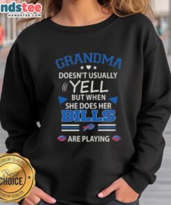 Nice grandma in a Buffalo Bills sweatshirt, excitedly cheering during a football game.