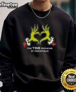Cozy Nice Grinch Hands Heart sweatshirt showcasing the true meaning of Christmas with festive design and vibrant colors.
